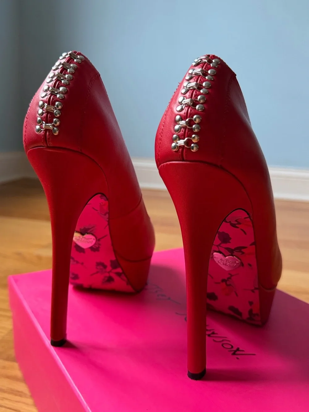 Betsey Johnson Red Stud-Back Stiletto Pumps